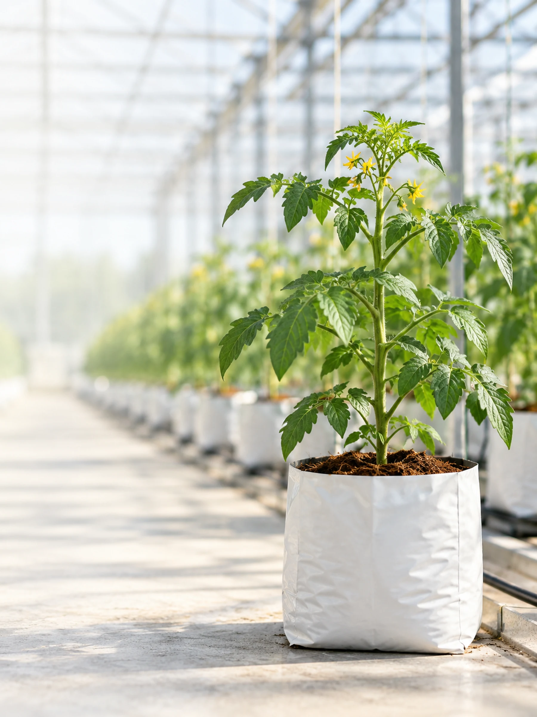 Tomato plants growing in white coco substrate bags along a greenhouse row.