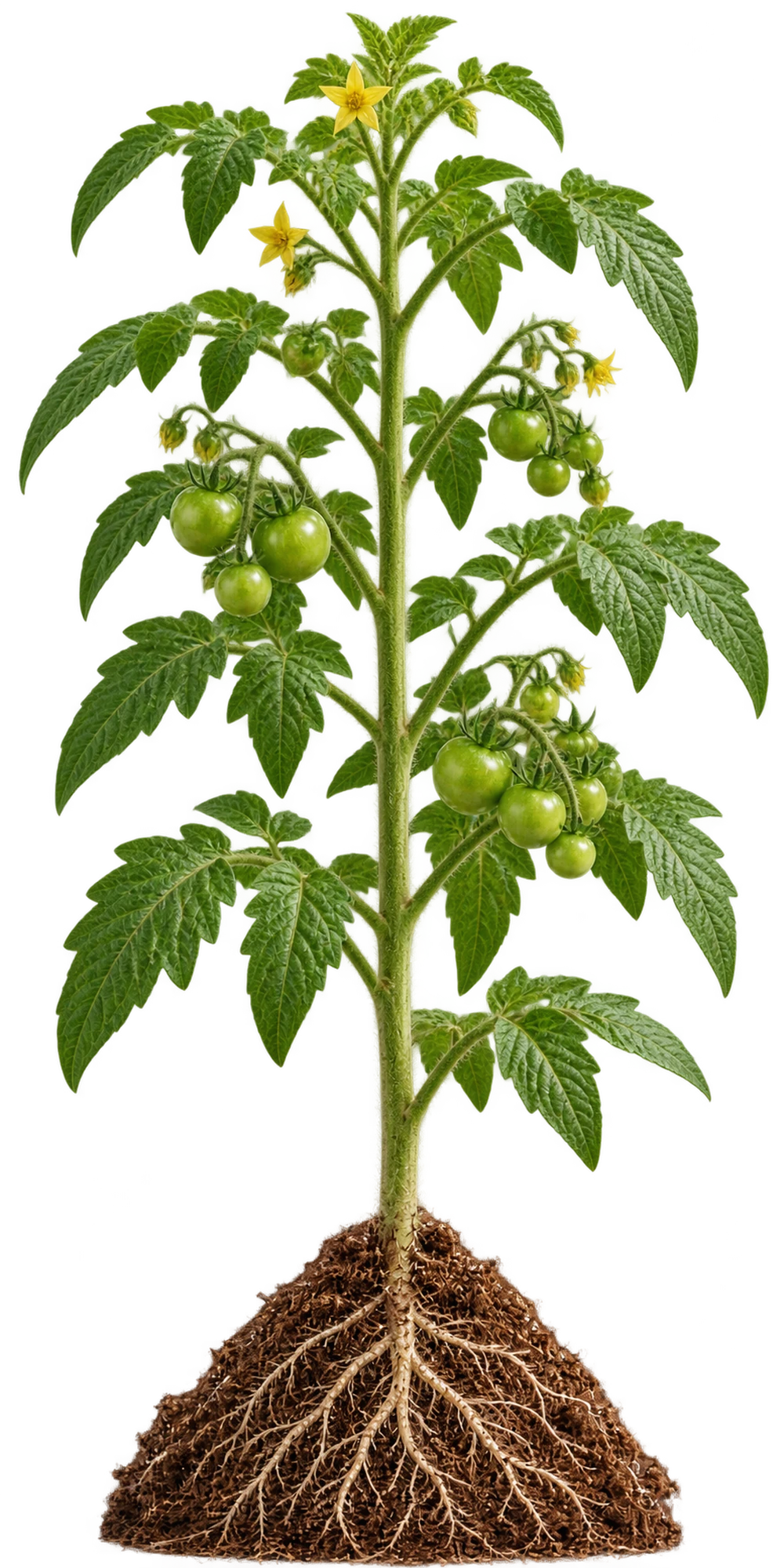 A tomato plant carrying green fruit.