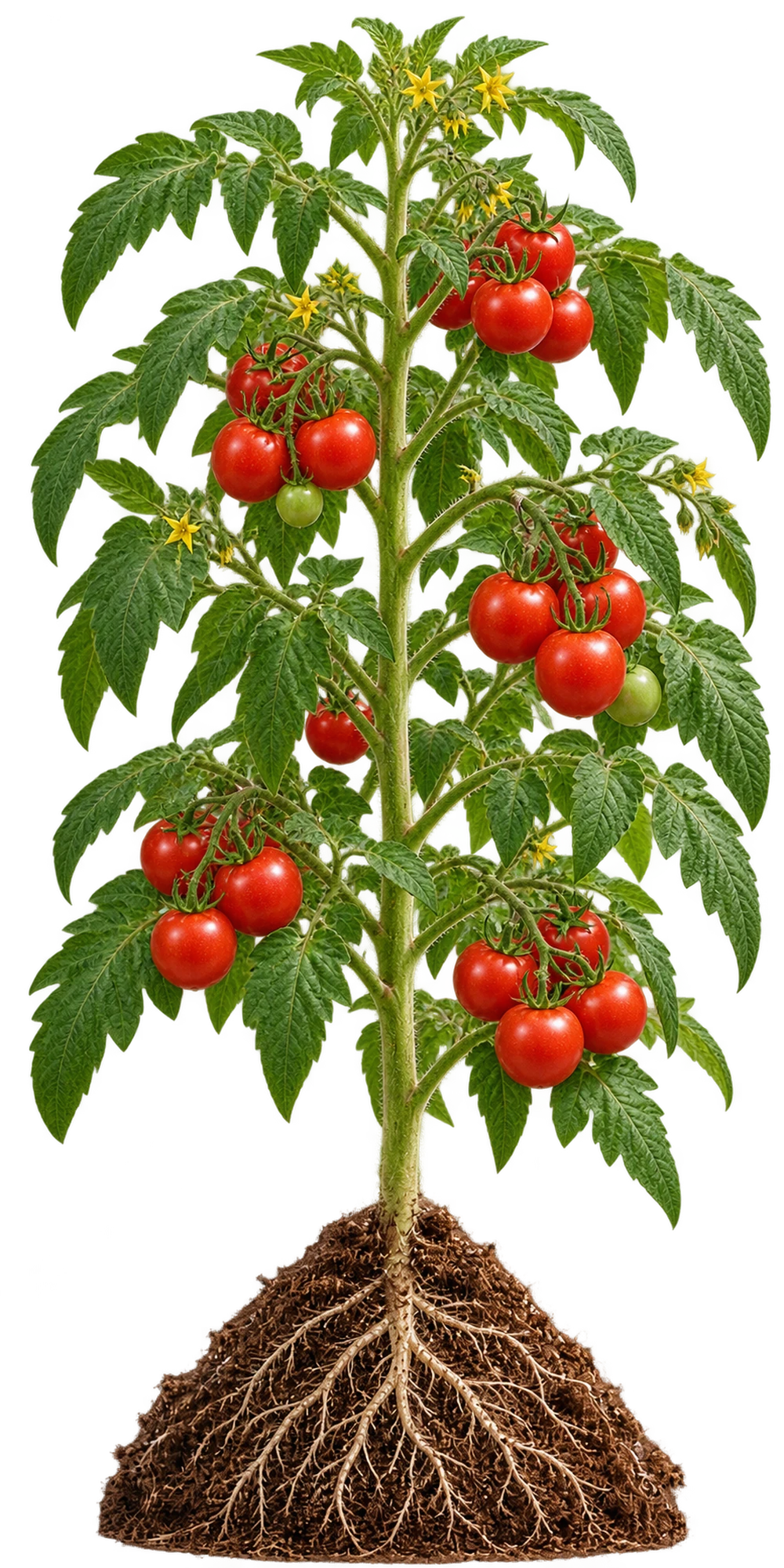 A mature tomato plant carrying ripe fruit.