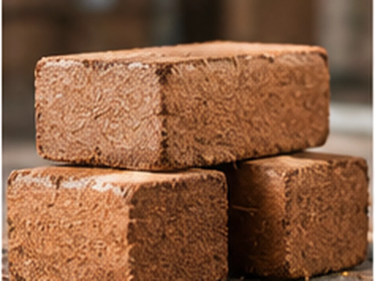 Small compressed cocopeat bricks, stacked.