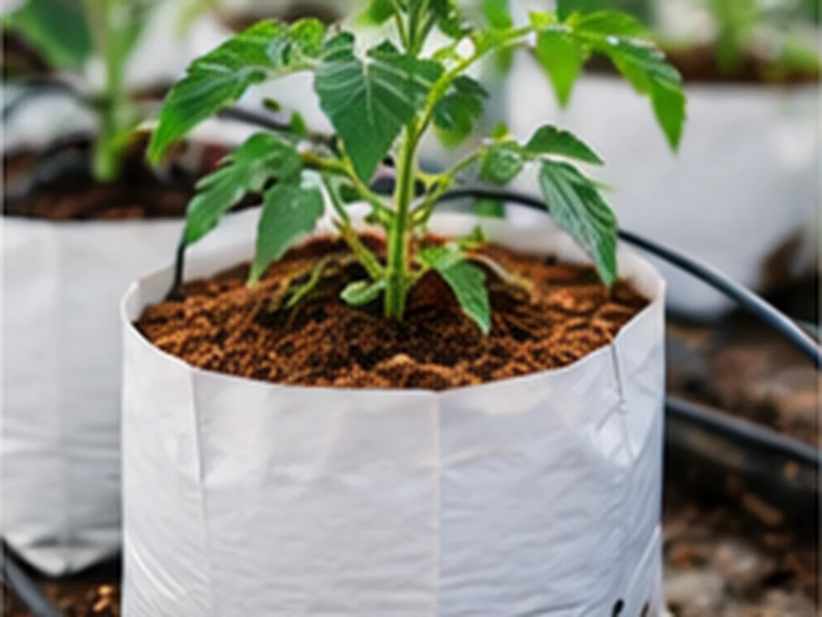 A white coco grow bag planted with a young tomato seedling, a drip line running alongside.