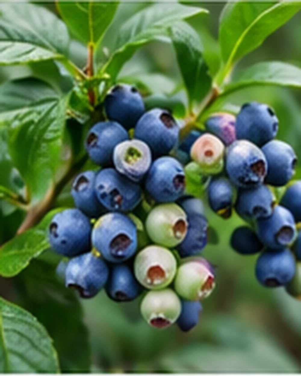 A cluster of ripening blueberries on the bush.