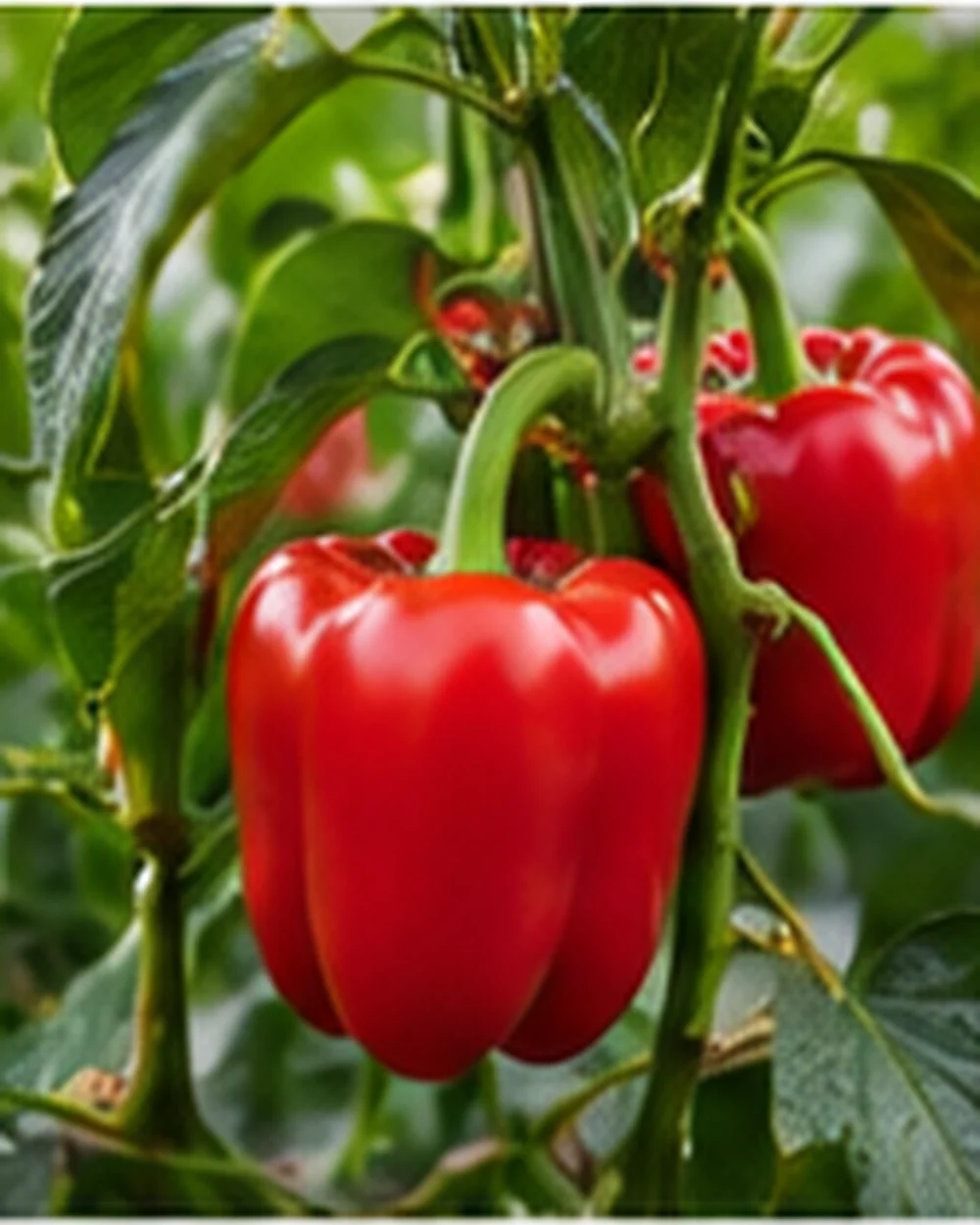 Red bell peppers ripening on the plant.