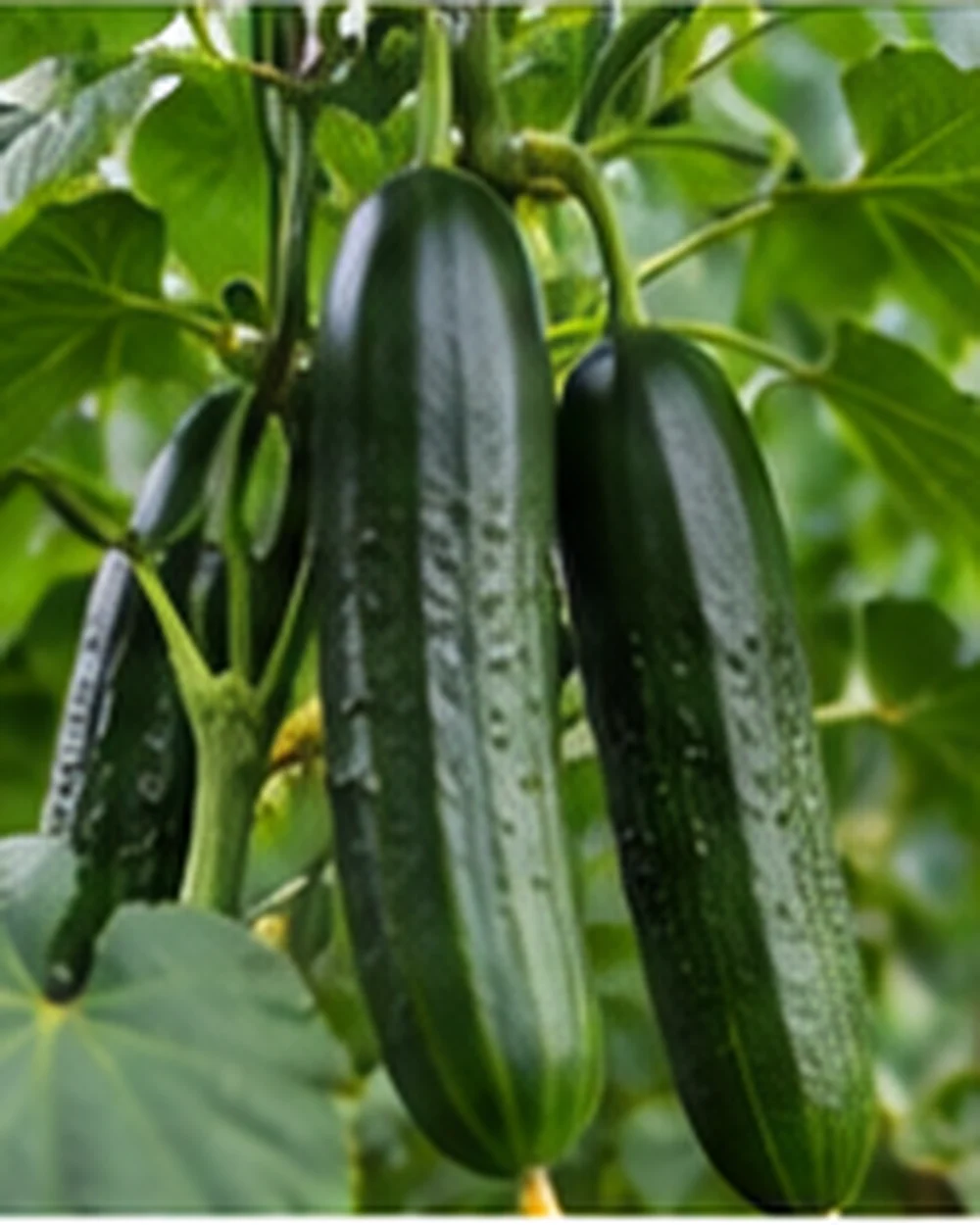Cucumbers growing on the vine in a greenhouse.