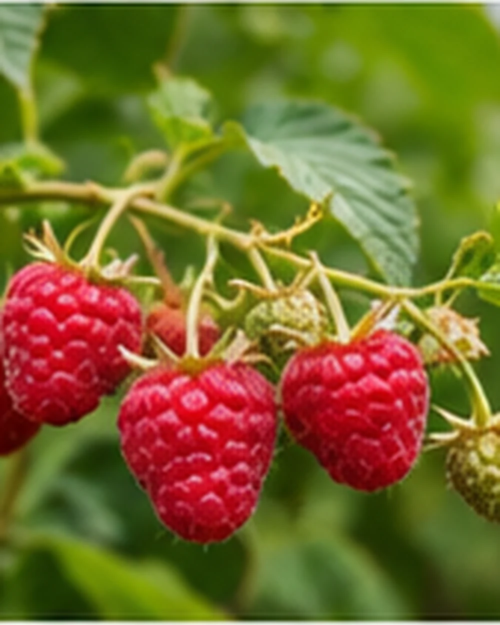 Ripe raspberries on the cane.