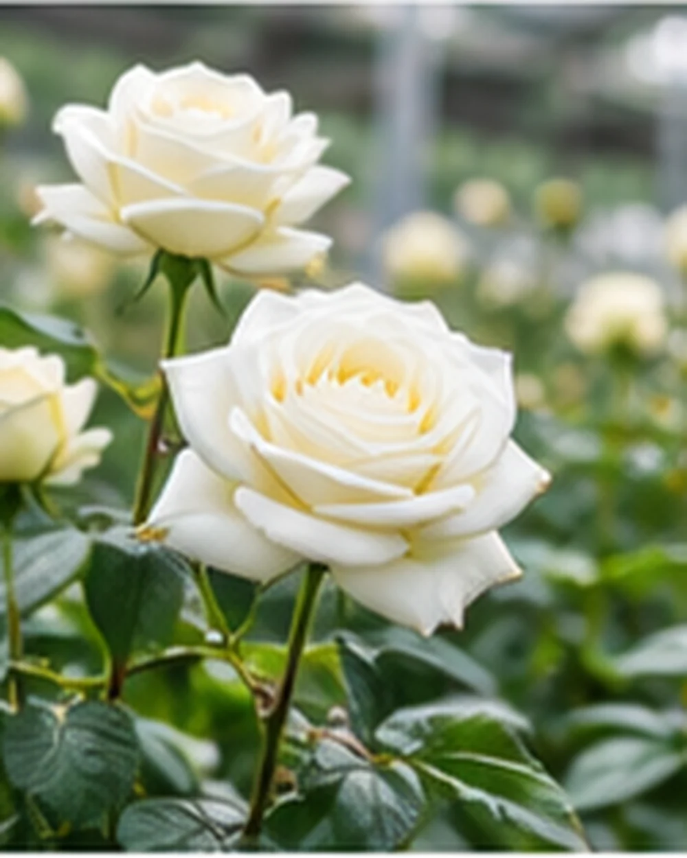 White roses in flower in a greenhouse bed.