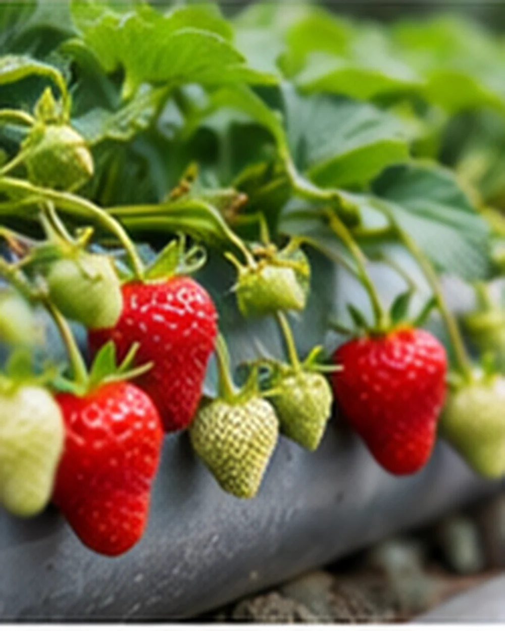 Ripening strawberries hanging over an elevated tabletop gutter.