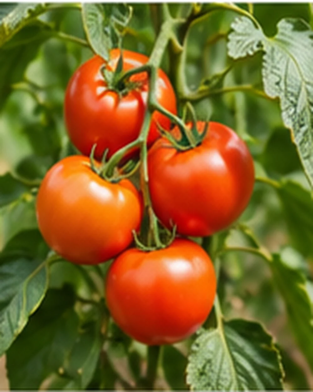 Ripe tomatoes on the vine in a greenhouse.