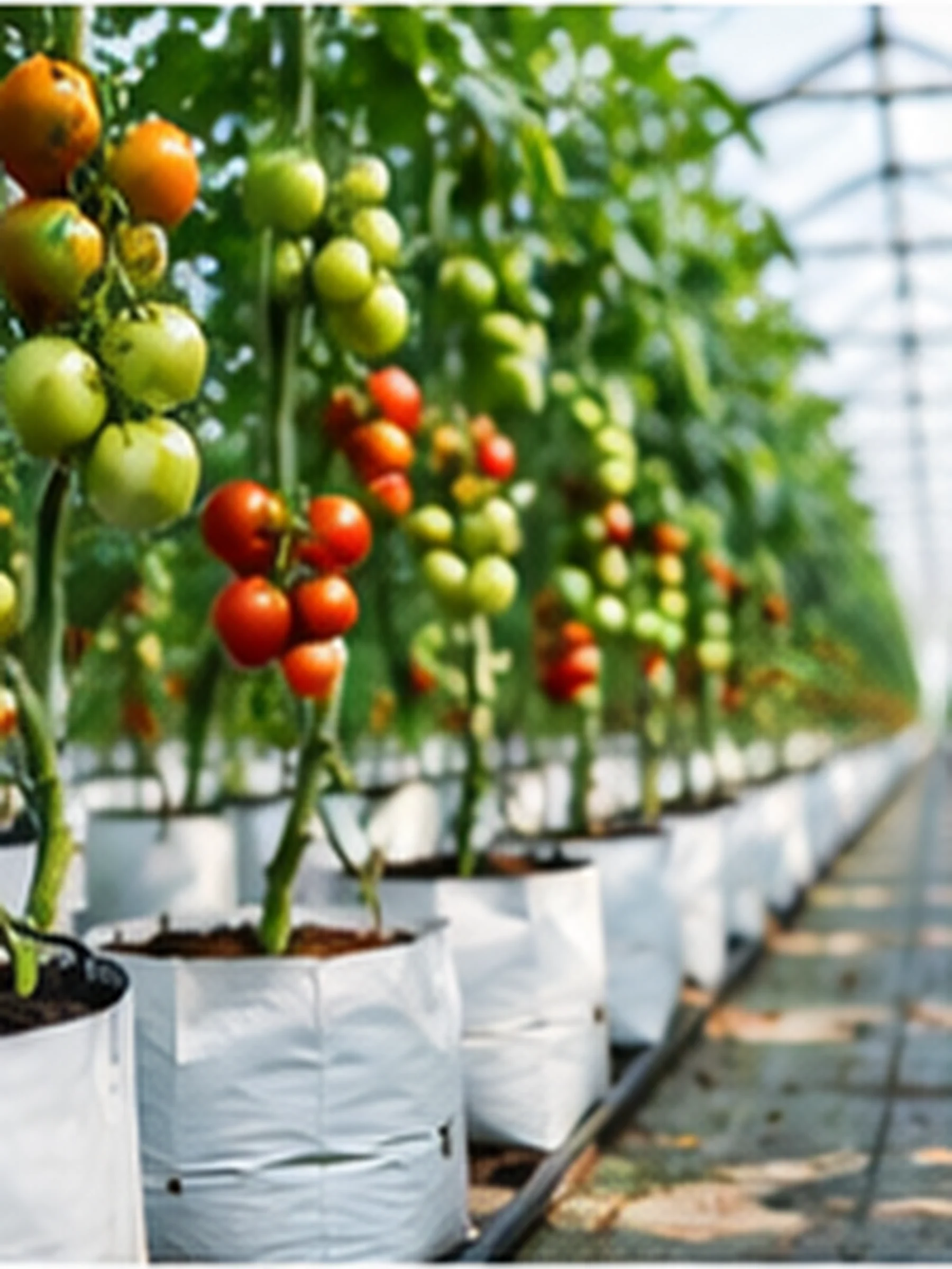 A greenhouse row of tomato plants growing in white coco substrate bags, fruit ripening on the vines.