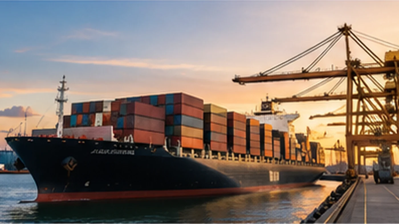 A container ship berthed at a port beneath gantry cranes at dusk.